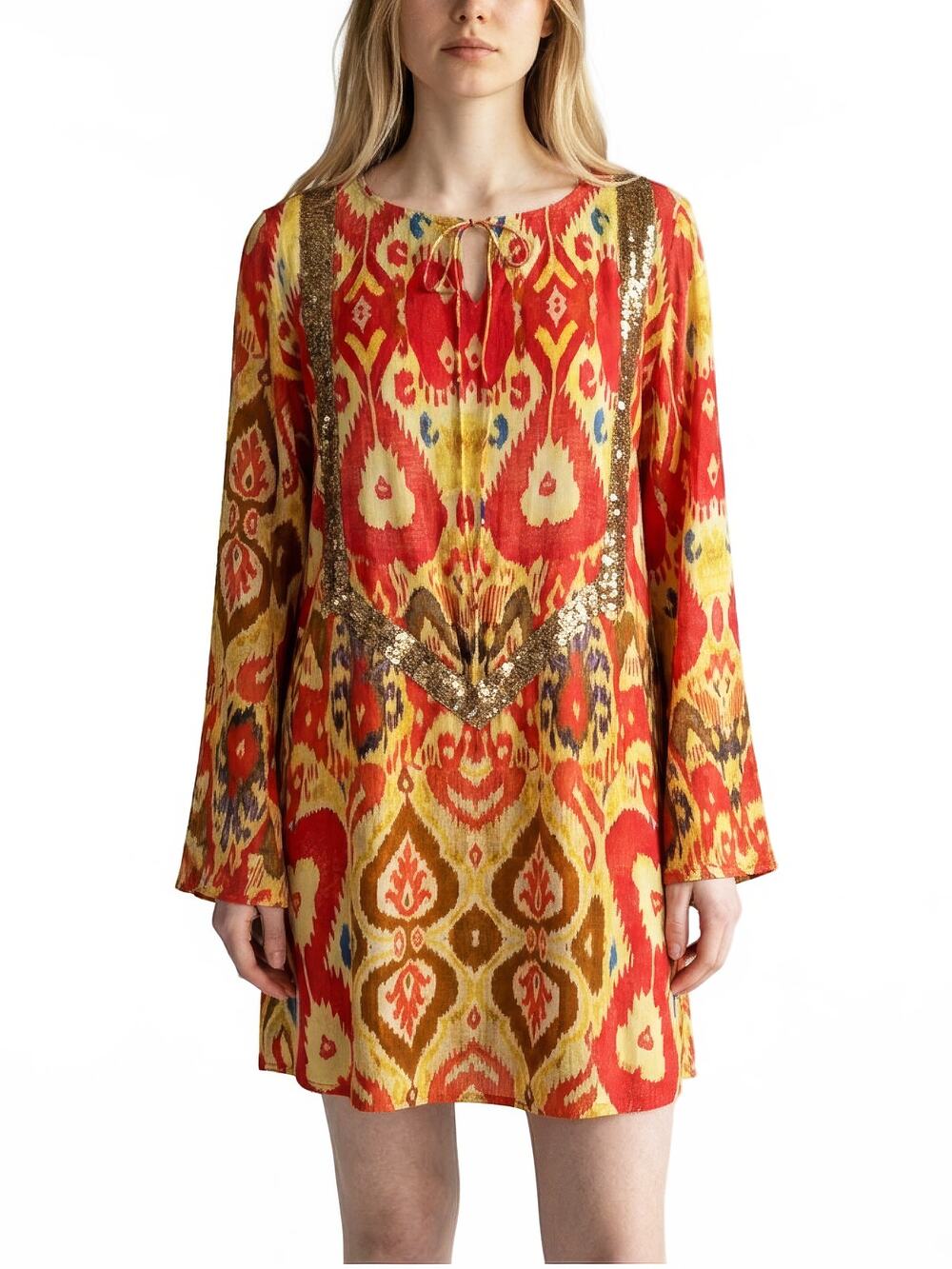 Flowy BENARES Flared Sleeve Sequin Design Orange Print Top Tunic M